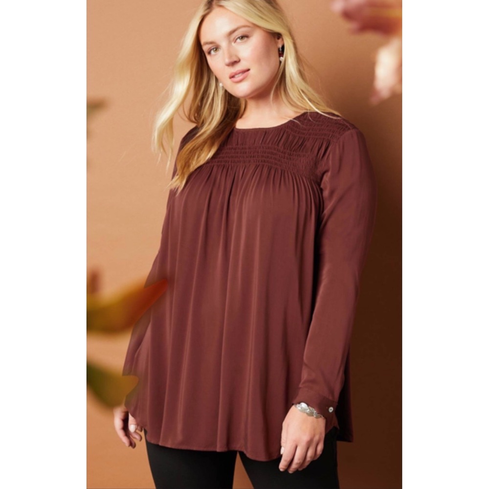 J Jill Smocked Peasant‎ Blouse L Red Brown Silky Tunic Flowy Long Sleeve Boho